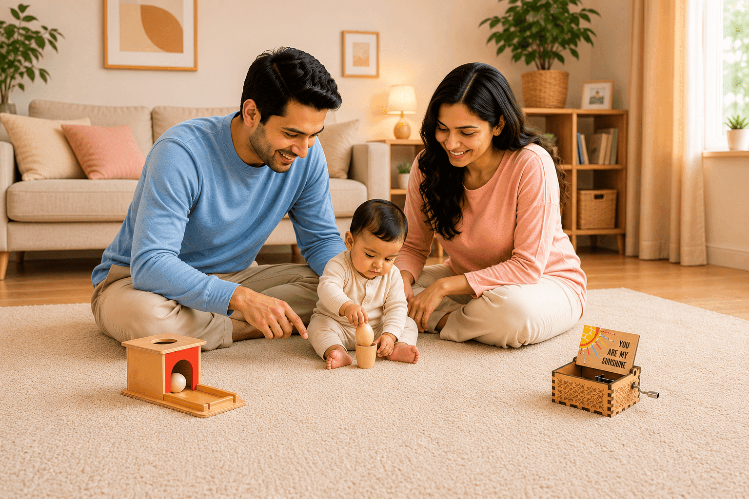 Family playing with Montessori toys